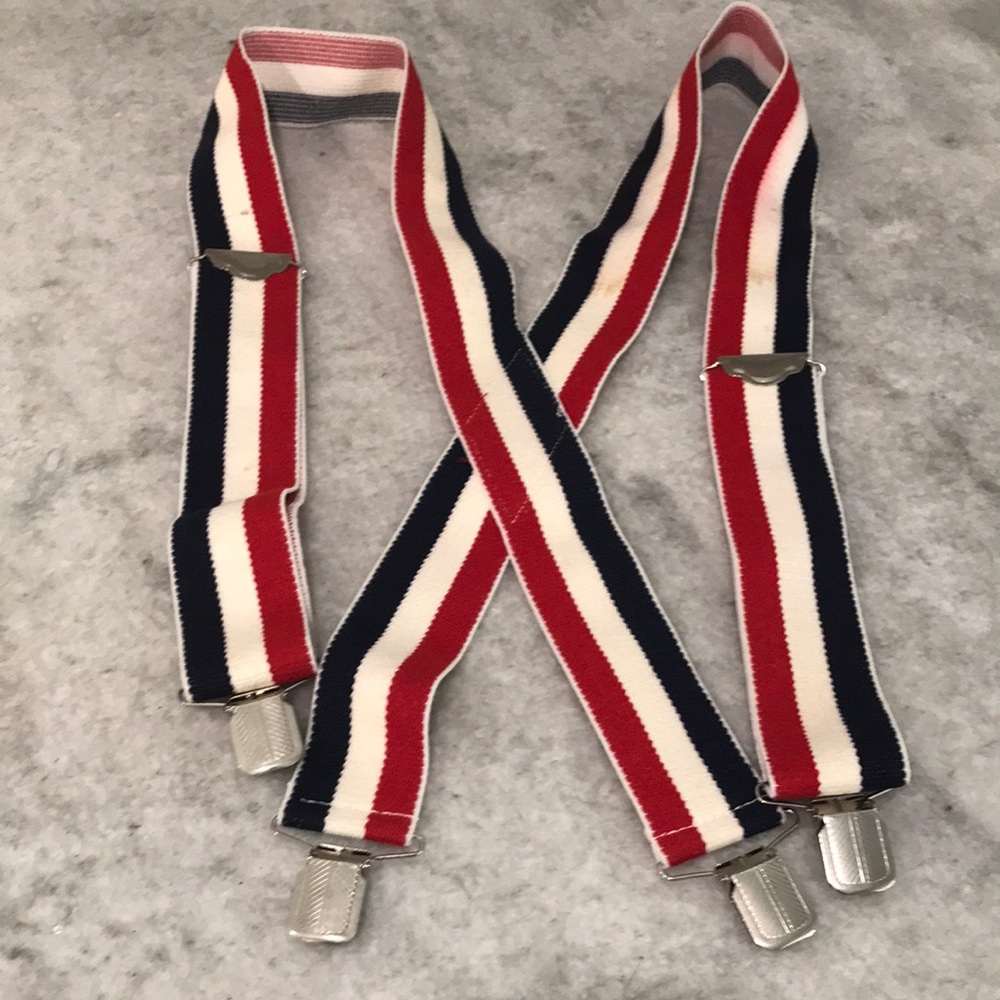 Vintage Suspenders Mens Wide Red White Blue Striped Clip On Patriotic Festival